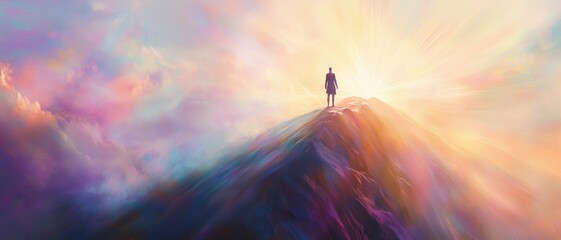 Fototapeta premium A pastel abstract of a leader standing at a peak, overlooking a vast landscape with rays of light emphasizing vision and mastery.