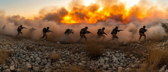 Group of soldiers are running through a field of rocks and smoke. Scene is intense and chaotic, as the soldiers are in the midst of a battle