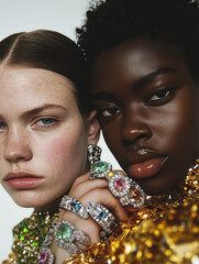 Chic duo in vibrant and reflective attire against bold red backdrop
