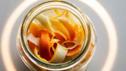 Homemade citrus peel cleaner soaking in a glass jar, illustrating a natural, eco-friendly solution for household cleaning, orange.