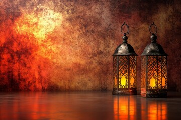 Obraz premium Elegant Antique Lanterns on Reflective Surface with Warm Light Against a Fiery Background, Ideal for Holiday Themes, Home Decor, or Ambient Lighting Ideas