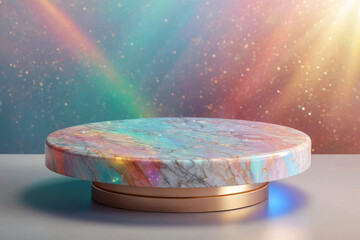 3D render holographic chrome Y2K element. Liquid metal, shiny colorful marble stand with a rainbow design, podium, product banner template.