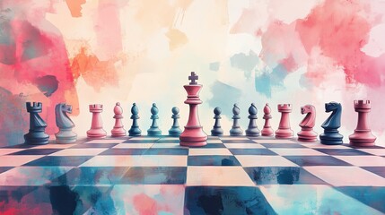 A pastel illustration of a chessboard with strategically arranged pieces symbolizes leadership tactics and decision-making.