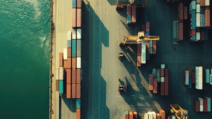 Obraz premium Drone shot of shipping containers in neat rows at a port, international freight management 