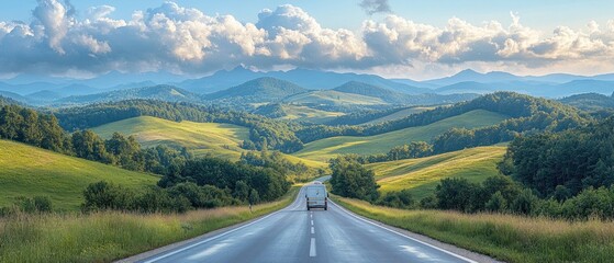  scenic road winding through lush green hills and mountains under a cloudy sky.