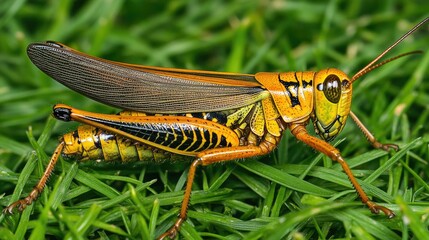 Fototapeta premium A close-up shot of a grasshopper sitting on green grass