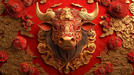 Naklejka premium Year of the Ox Chinese New Year 2025 greeting card with paper cut Zodiac sign and golden red details