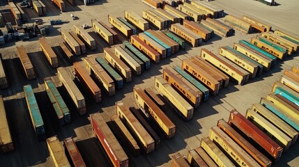 Drone shot of shipping containers in neat rows at a port, international freight management 