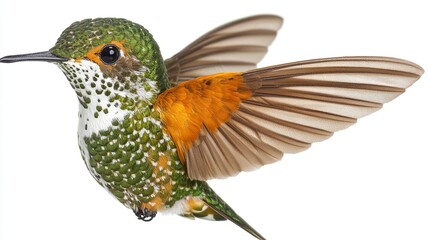 Obraz premium A tan and brown hummingbird is in flight.