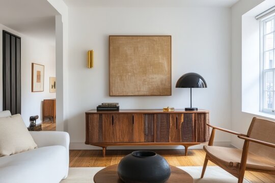 Mid century modern interior minimalist living room wooden armchair retro sideboard