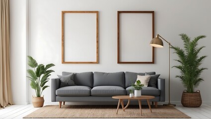 Modern living room with two vertical frame mockup, gray color sofa and interior decoration....