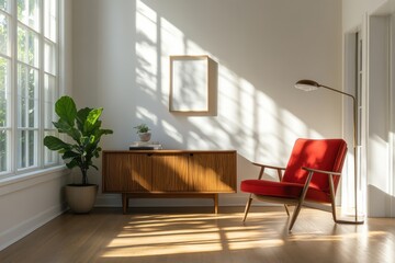 Mid century modern living room minimalist interior design bright sunlit space