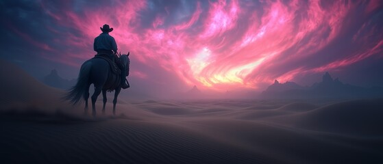 Fototapeta premium Man is riding a horse in a desert at sunset. The sky is filled with pink and purple hues, creating a serene and peaceful atmosphere