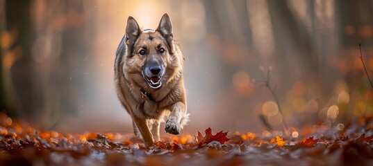 Majestic German Shepherd Dog Sprints Through Autumnal Forest, Illuminated by Golden Sunlight.
