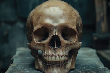 A single skull sitting on a wooden table, a symbol of mortality and remembrance
