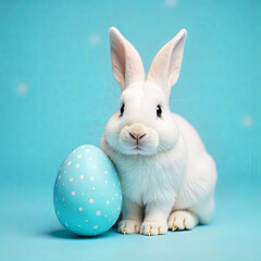 Fototapeta premium Little white rabbit with blue easter egg on blue background