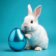 Obraz premium Little white rabbit with blue easter egg on blue background