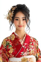 Elegant Asian Woman Posing Gracefully in a Vibrant Red Kimono Surrounded by Cultural Elements and a Soft White Background