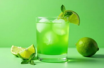 A glass of lemonade with ice cubes and mint on a wooden table