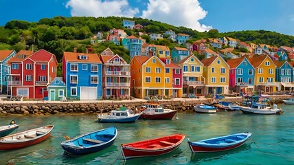 Colorful Houses Line Picturesque Hillside Harbor Village