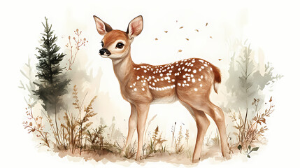 Watercolor masterpiece featuring a baby deer, pastel colors, soft, dreamy atmosphere, Bohemian style, isolated on white
