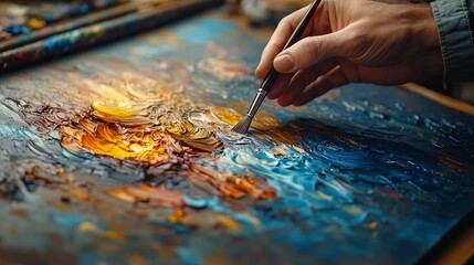 Obraz premium Person is painting a picture with a brush. The painting is a mix of blue and yellow colors