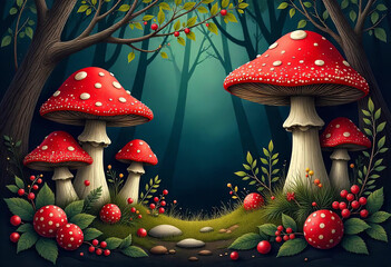 Illustration of a dark forest with red fly agarics and berries