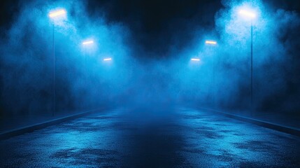 A dark empty street, dark blue background, an empty dark scene, neon light, spotlights The asphalt floor and studio room with smoke float up the interior texture. night view Generative 
