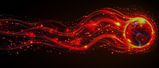 Red and black image of a planet with a fire trail behind it. Concept of movement and energy, as if the planet is being propelled through space by a powerful force