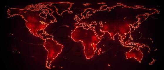 Red and black world map with a glowing effect. The map is lit up with red and orange colors, giving it a dramatic and intense appearance
