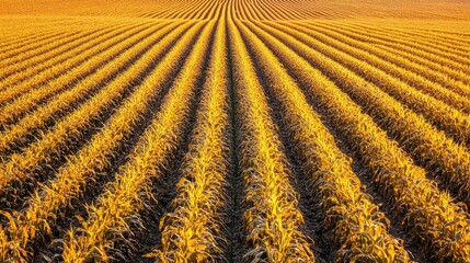 Fototapeta premium Aerial Perspective of Golden Crop Fields with Neatly Arranged Rows and Textured Patterns in Agricultural Landscape