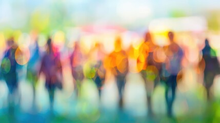 Blurred crowd at a vibrant summer outdoor festival highlighting the essence of travel and leisure in a colorful fair atmosphere
