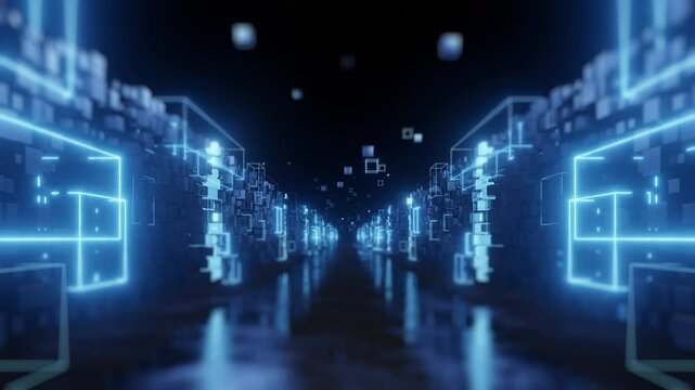 A glowing futuristic corridor with blue neon outlines and floating digital blocks