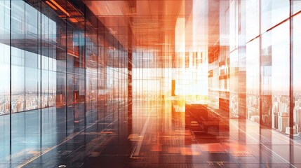 Modern abstract multiexposure image of virtual microscheme in corporate office setting representing big data and database technology concepts.