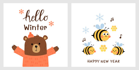 Christmas or New year cards with 
 bear wearing winter clothes and hat, bees are dancing and hand written fonts isolated on white backgrounds vector.