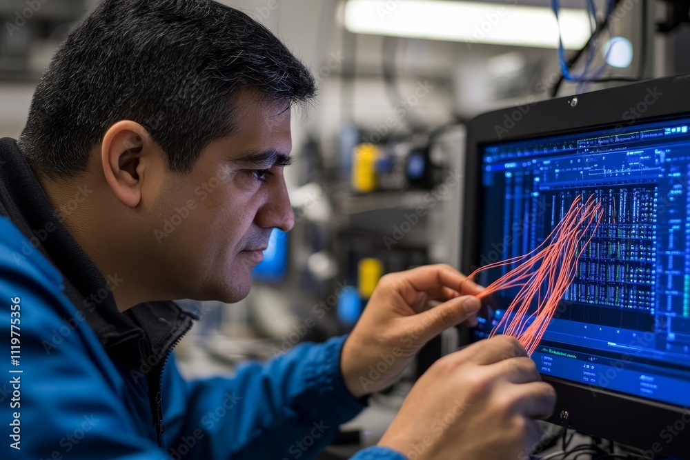 Poster technician working with colorful wires in a modern laboratory, analyzing data on a computer screen s
