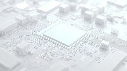 A white square in the center of a circuit board with some wires and chips around it, 3D rendering style, simple background, futuristic technology feel.