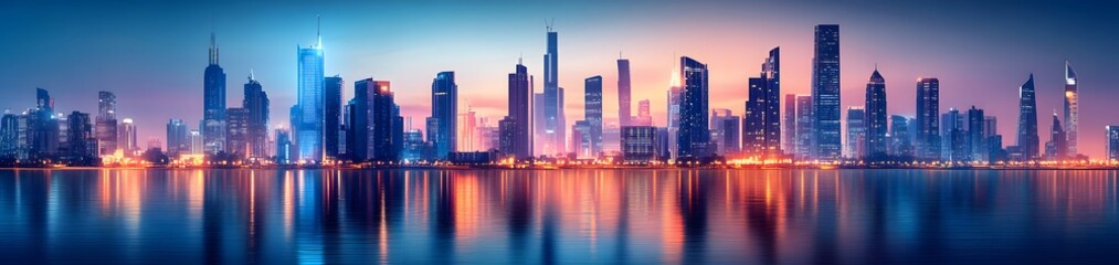 Fototapeta premium A vibrant city skyline illuminated at dusk, reflecting on a calm water surface.