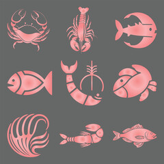 Set of seafood vector illustration isolated on white background. Shrimp, octopus, squid, crab, eel, steak, mussels, fish, cancer