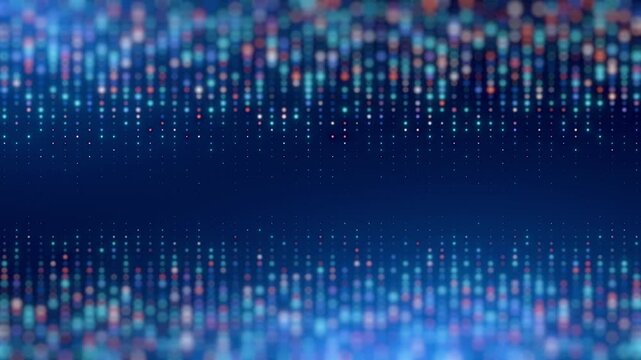 A futuristic abstract background of glowing, colourful dots forming vertical lines, symbol data, technology, and innovation.