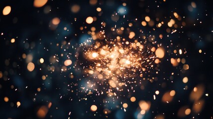 Abstract image of glowing sparks and bokeh lights on dark background.