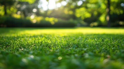 Naklejka premium Blurred background of a serene green park with soft bokeh highlights creating a tranquil nature scenery ideal for relaxation themes