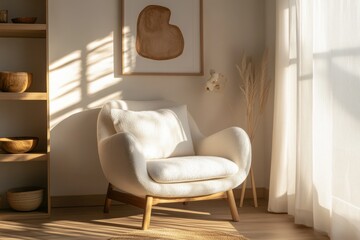 Minimalist interior design cozy armchair wooden frame white cushion