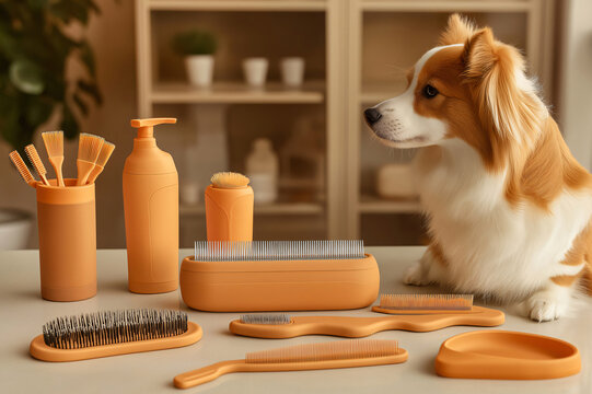 Stylish pet grooming kit with essential tools is showcased with a cute dog, promoting health and beauty for pets. Perfect for indoor use, this trendy orange kit is a must have for pet owners