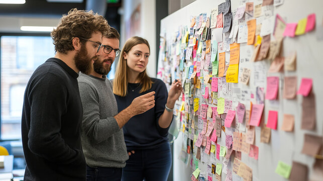 Collaborative brainstorming session with three individuals discussing colorful sticky notes on wall, showcasing creativity and teamwork in modern office environment