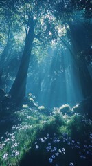 Fototapeta premium Sunbeams Illuminate a Mystical Forest Floor with Flowers