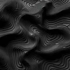 An organic pattern of dark gray lines creates the illusion of a wavy hexagon on a black background. A complex and textured design adds depth to the black canvas.