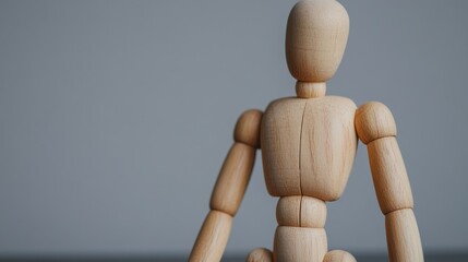 Wooden mannequin in a dynamic pose representing human actions with ample copy space for creative designs or concepts