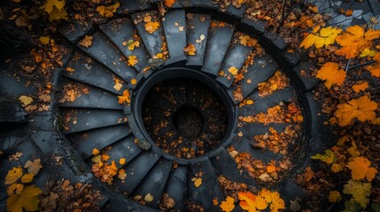 Obraz premium Spiral staircase with leaves on it. The leaves are orange and brown. The staircase is surrounded by leaves and looks like a natural scene