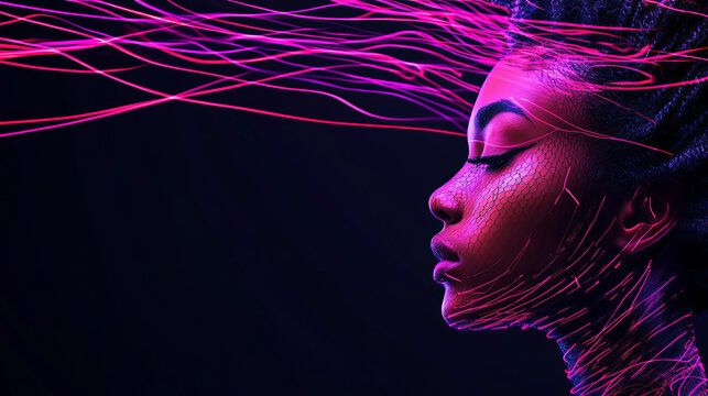 This striking image features profile of woman with intricate hair and vibrant, flowing lines of light that create dynamic and futuristic atmosphere. interplay of colors and textures evokes sense of en